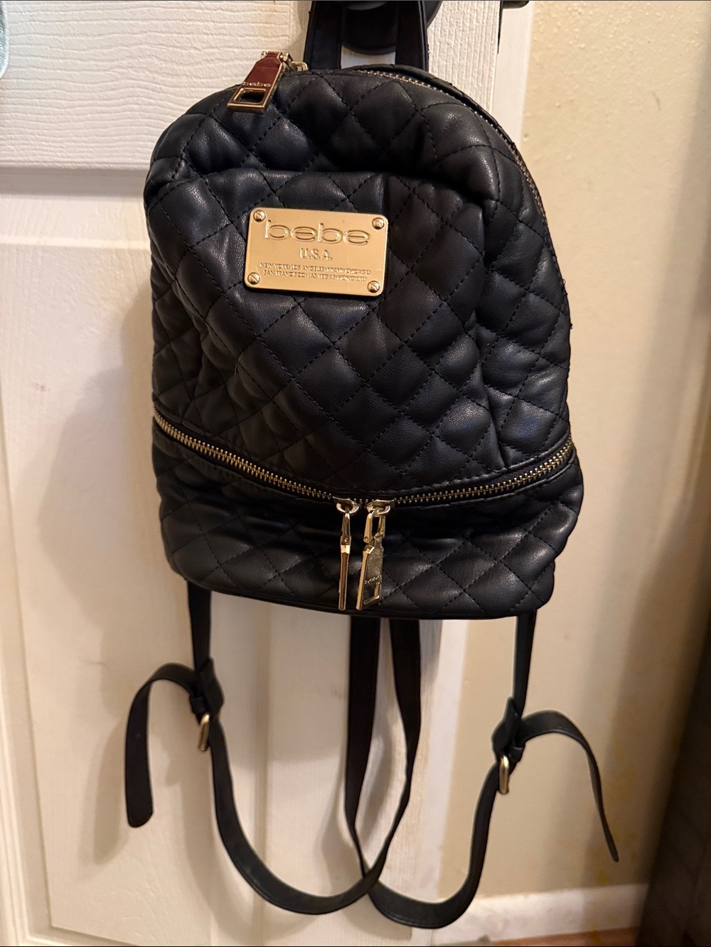 Bebe Quilted Black Backpack purse with Gold Accents Small back to school